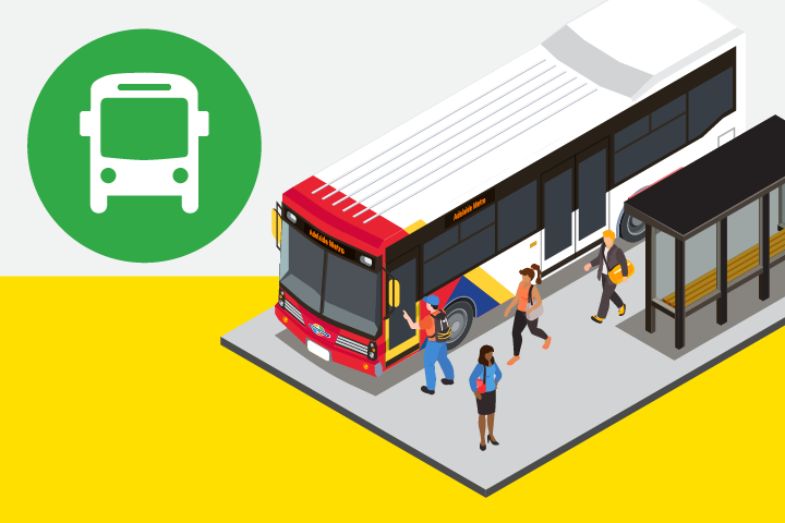 A cartoon of a bus sitting stationery at a bus stop with passengers both leaving and waiting to board.