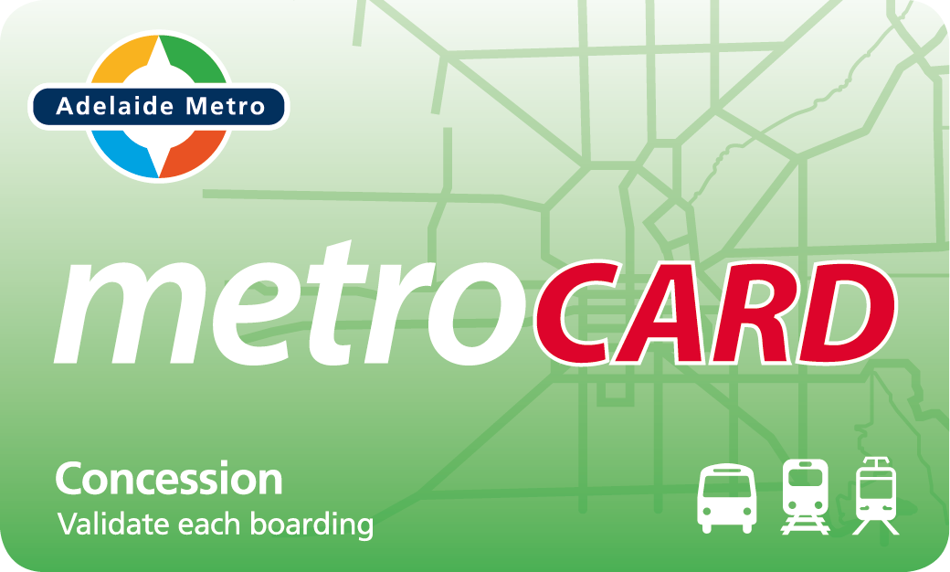 Illustrated representation of an Adelaide Metro concession metroCARD. It is green and shows the round Adelaide Metro logo, the words concession and validate each boarding. It has white icons depicting a bus, train and tram.