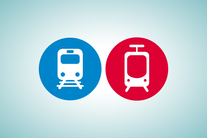 A blue train icon and a red tram icon on a white background