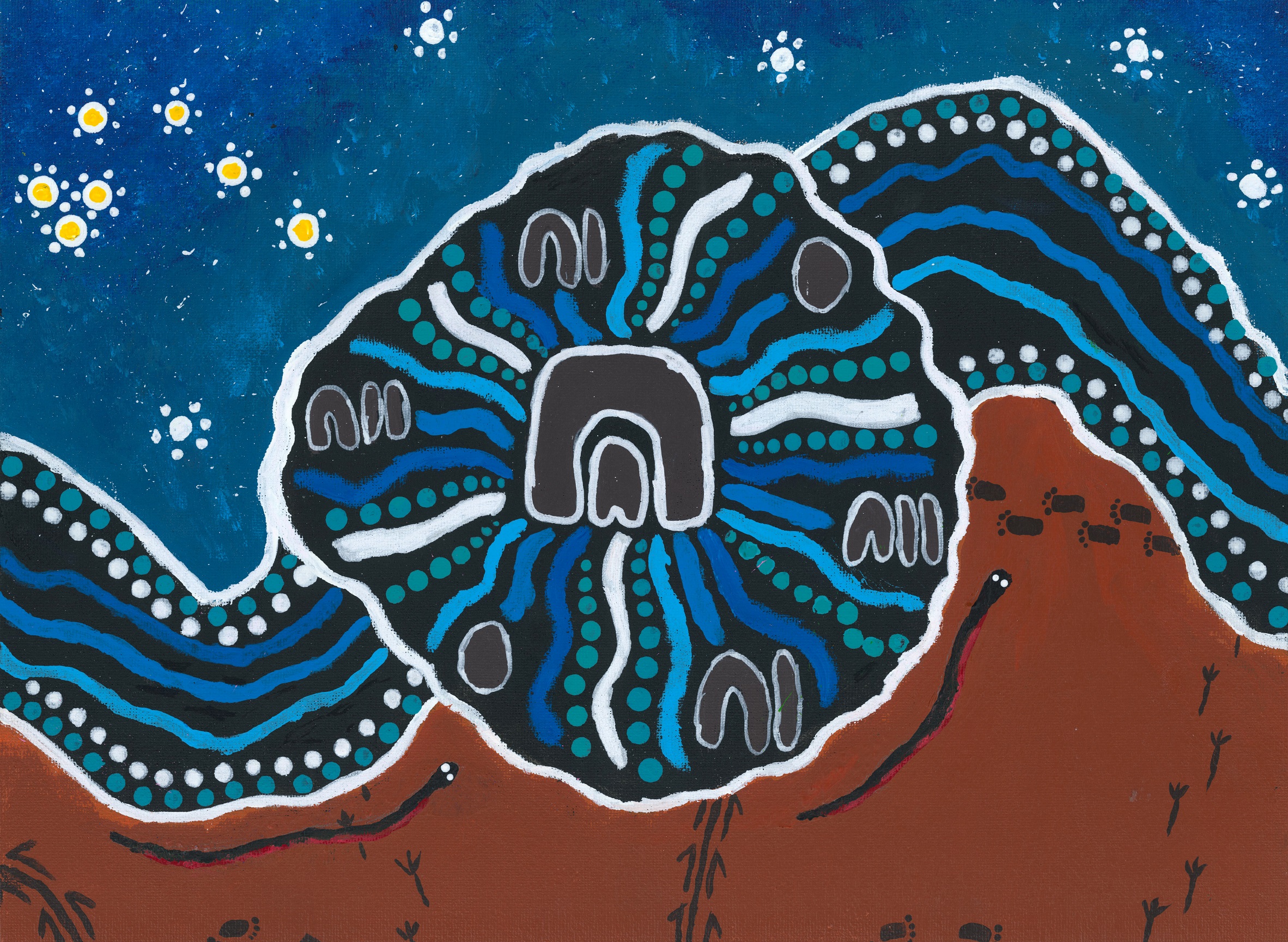 Aboriginal artwork depicting Ancestors from the Seven Sisters Kokatha Dreaming and the passing of wisdom
