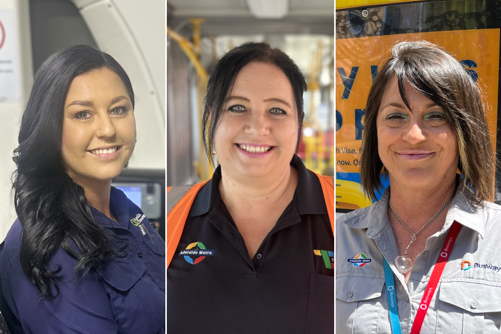 Three images of female bus, train ad tram drivers.