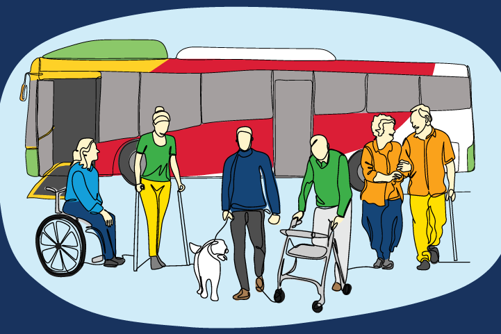 An illustration of a six people of various ages and disabilities standing in front of a bus.