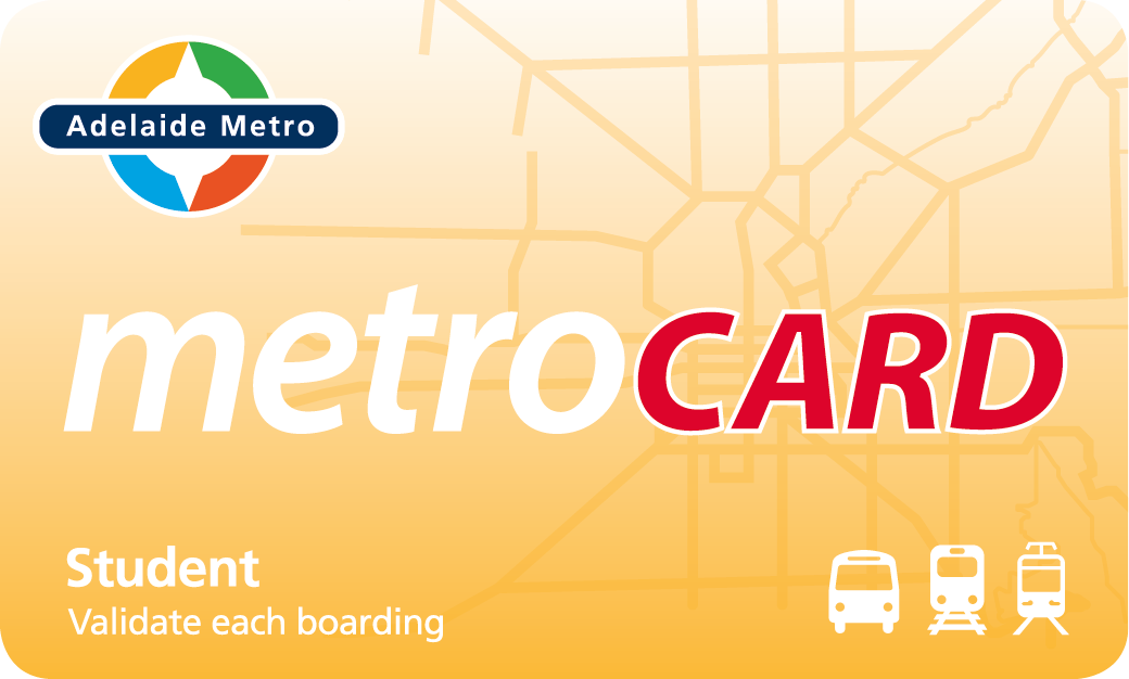 Illustrated representation of an Adelaide Metro student metroCARD. It is yellow and shows the round Adelaide Metro logo, the words student and validate each boarding. It has white icons depicting a bus, train and tram.