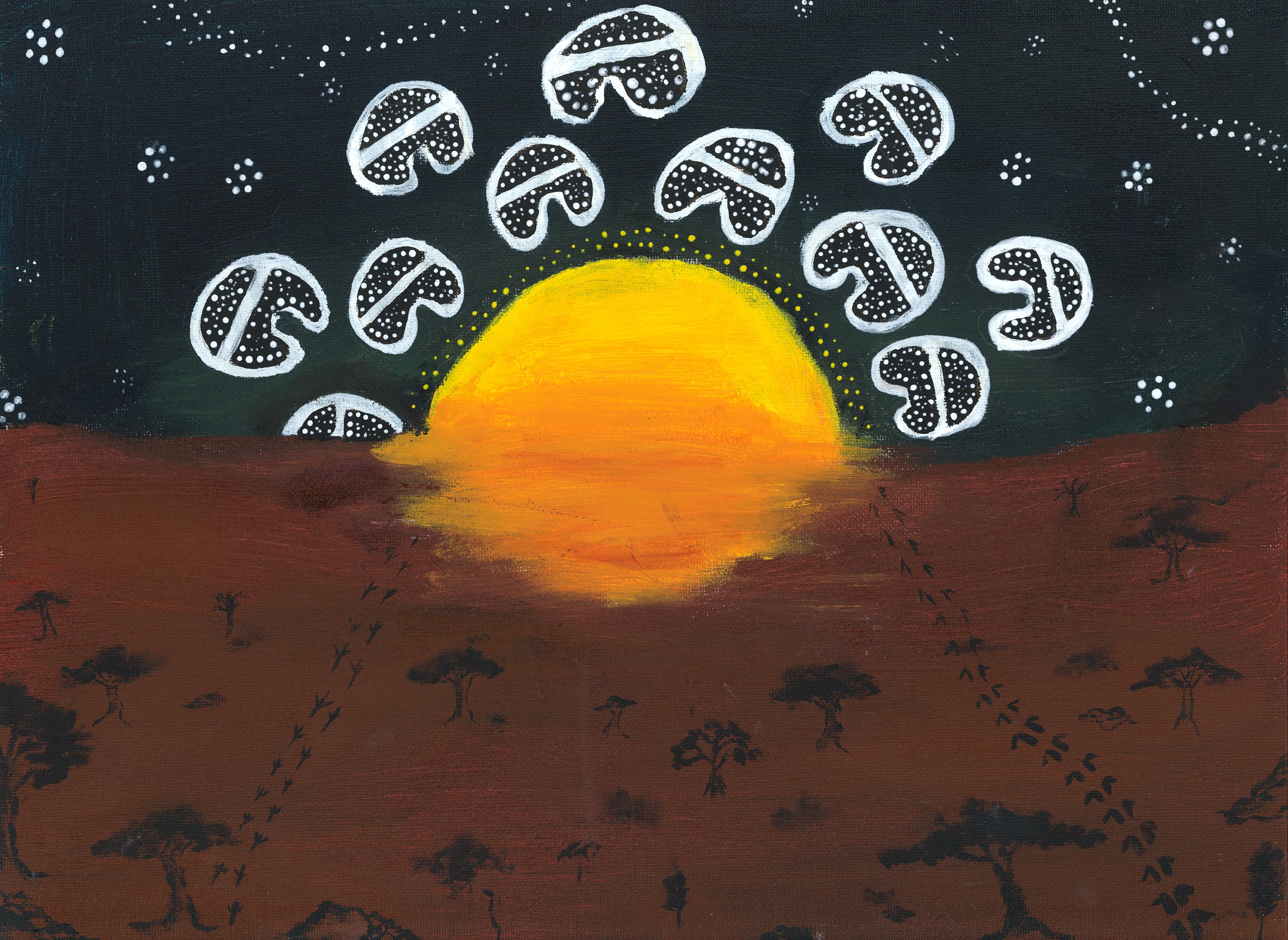 Aboriginal artwork depicting black sky with white star trails, the sun and brown earth with emu and kangaroos tracks