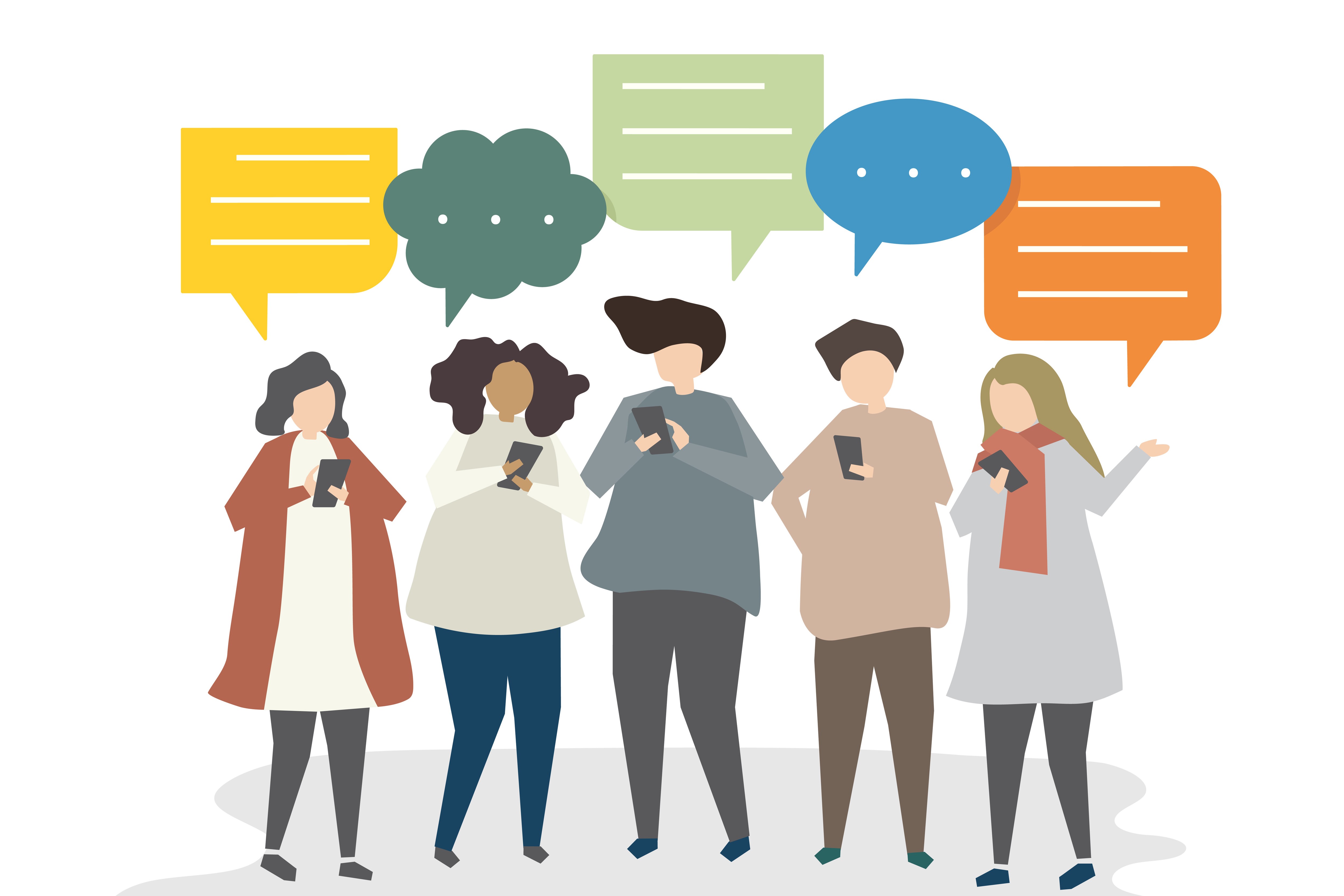 Illustration of five people looking at their mobile phones. There are thought bubbles above their heads.