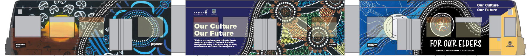 Artwork of a tram with eight aboriginal artworks displayed on it