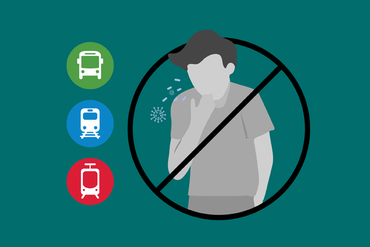 A person coughing with a black circle and strike through around them, with the public transport icons listed next to the person. 