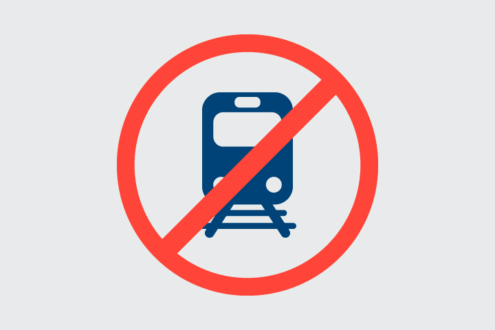 A blue train icon on a grey background. A red circle with a diagonal line is placed over the icon.