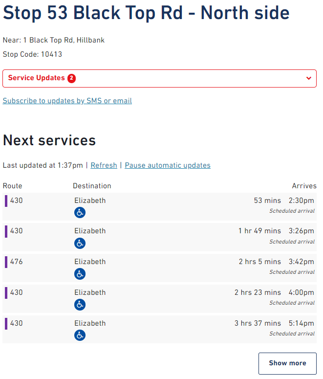 Image of a stop page showing the incoming arrival times of various routes