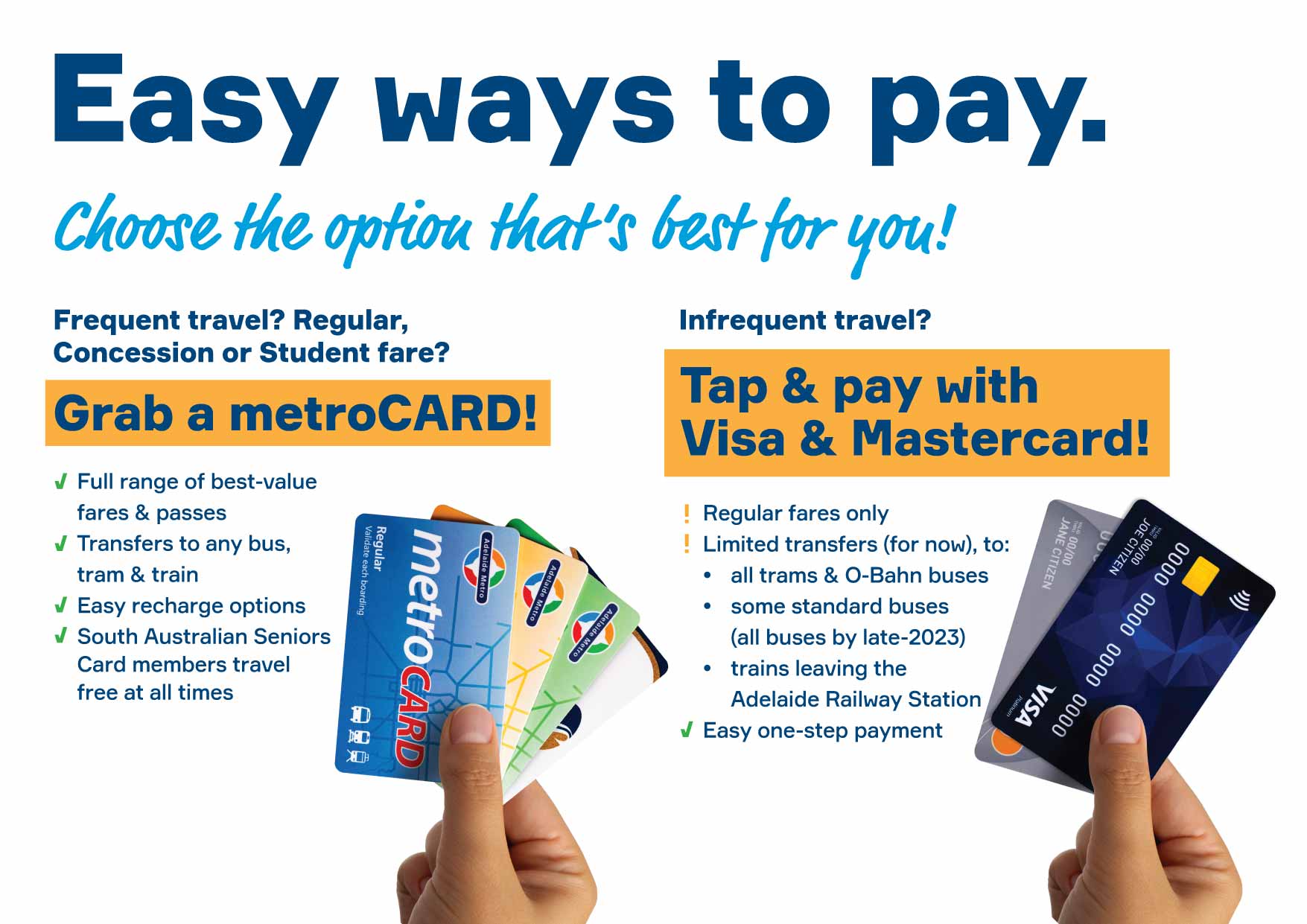 Poster: Easy ways to pay. Next to an image showing a hand holding all metroCARDS (Regular, Student, Concession and Seniors Card) is the text: Frequent travel? Regular, Concession or Student fare? Grab a metroCARD: Full range of best-value fares and passes; Transfers to any bus, tram or train; Easy recharge options; South Australian Seniors Card members travel free at all times. Next to an image of a hand holding a Visa card and Mastercard is the text: Infrequent travel? Tap and pay with Visa and Mastercard. Regular fares only; Limited transfers (for now) to all trams and O-Bahn buses, some standard buses (all buses by mid-2023), trains leaving the Adelaide Railway Station; Easy one-step payment.