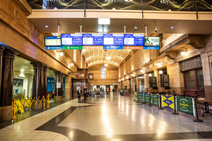 Adelaide Railway Station entrance showing screens with timetable information