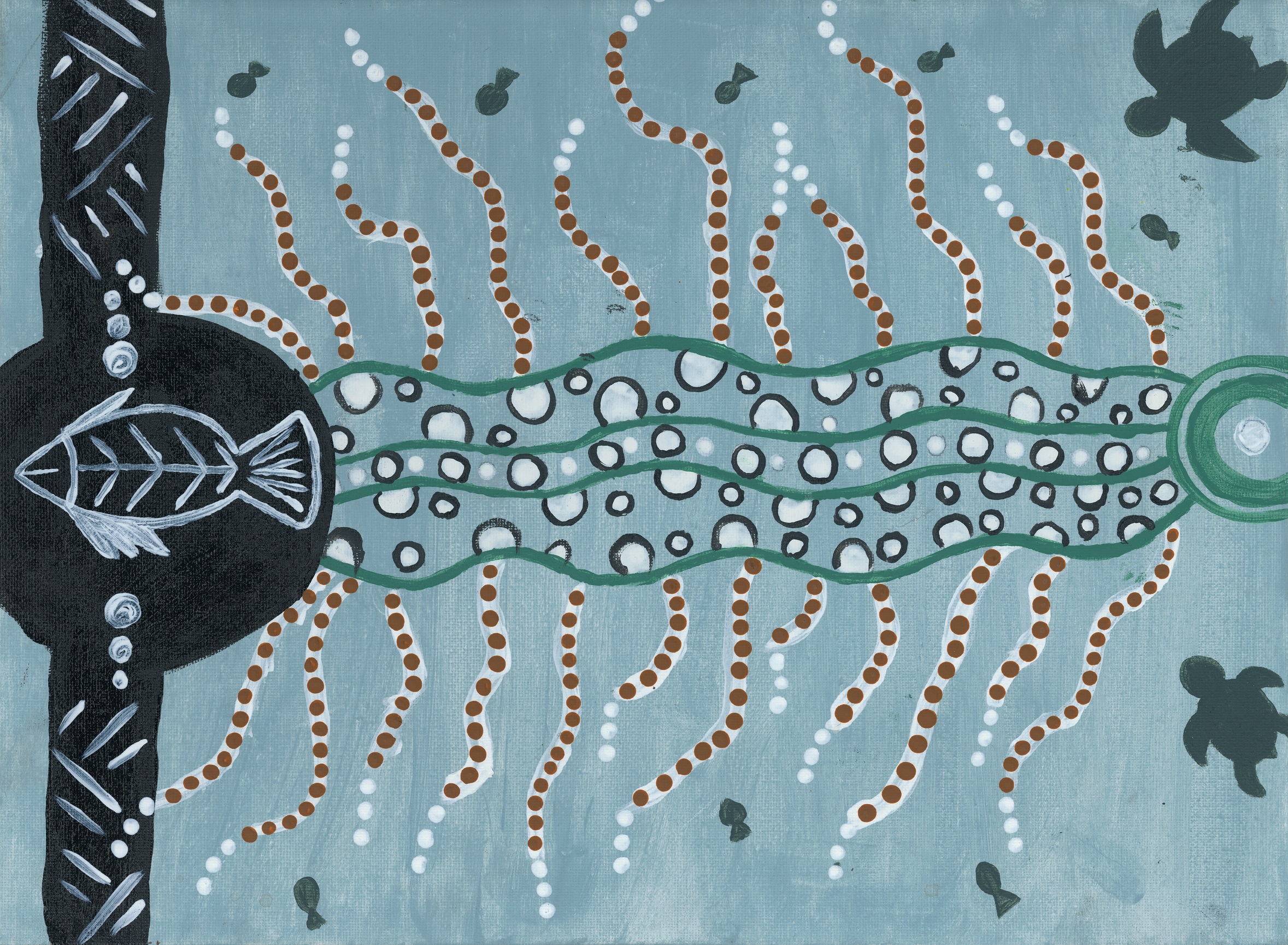 Aboriginal artwork of water with a fish swimming as Elders to show past, present and future and two sea turtles as younger generations to begin their learning journey